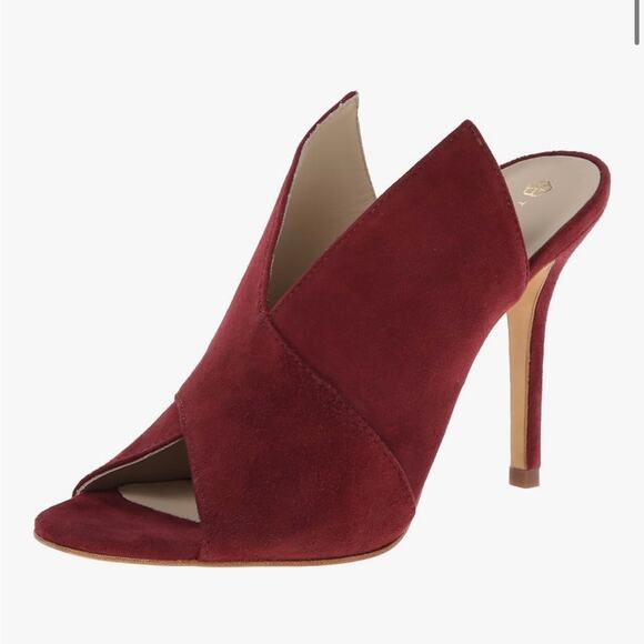 Trina Turk TARE Laguna Tawny Port Deep Burgundy Suede Mules Heels Women’s Size 8 - Picture 2 of 12